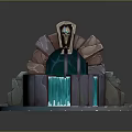 Cartoon Style Stone Fountain With Flowing Blue Water Decorative Arch And Stone Base