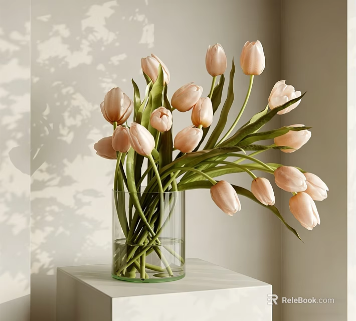 Pink Tulips in Transparent Glass Vase on White Pedestal with Light Shadow 3d model 