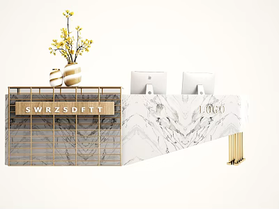 Modern Marble Reception Desk With Gold Accents Computer Monitors And Yellow Flower Vase 3d model