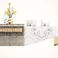 Modern Marble Reception Desk With Gold Accents Computer Monitors And Yellow Flower Vase