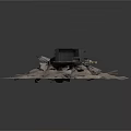 Broken Black Structure Surrounded by Stones Bricks and Debris on Concrete Base 3d model