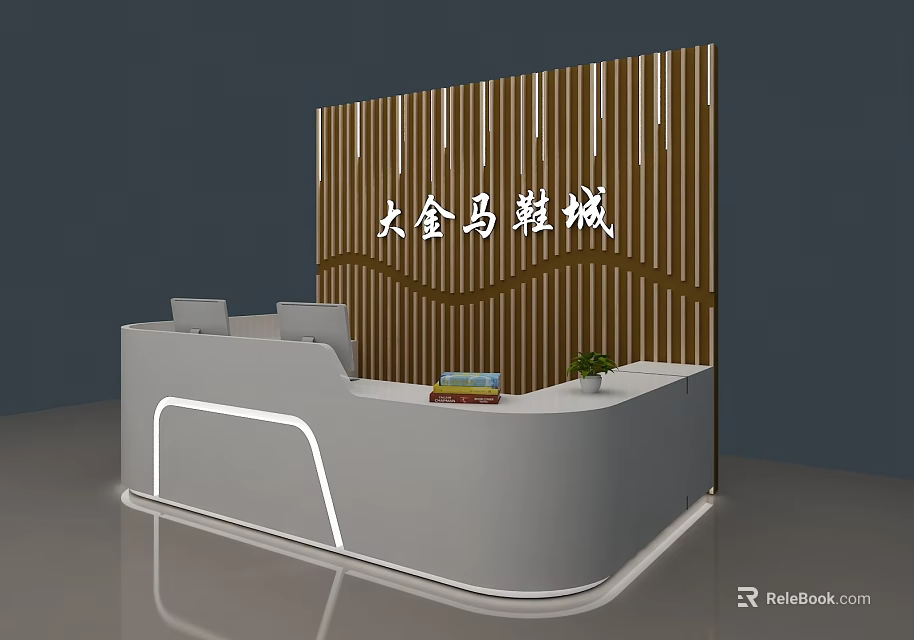 Modern Shoe Store Reception Area With Wooden Stripe Backdrop And Front Desk 3d model 