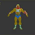 Muscular Blonde Man In Blue Red Outfit With Arm Cuffs And Red Boots