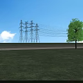 Road Infrastructure with High Voltage Transmission Towers Power Lines Green Grassland and Clear Blue Sky