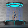 Cartoon Scene with Futuristic Cartoon Robot Surrounded by Glowing Blue Data Streams on Circular Platform