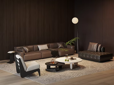 Modern Brown Leather Sofa Set With Coffee Table Ottoman Floor Lamp And Green Plant 3d model