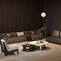 Modern Brown Leather Sofa Set With Coffee Table Ottoman Floor Lamp And Green Plant
