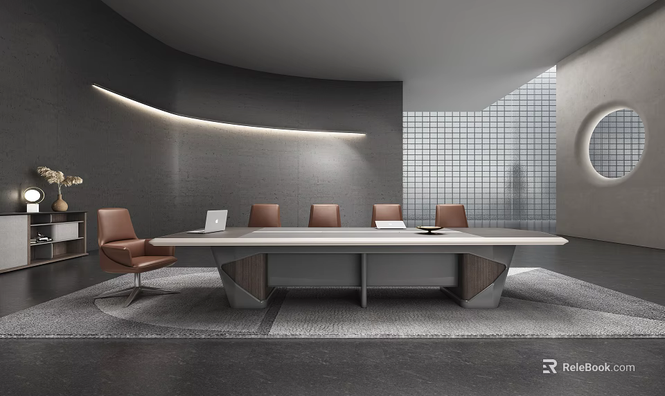 Modern Conference Room Interior With Long Table Brown Chairs Gray Walls And Strip Lighting 3d model 