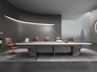 Modern Conference Room Interior With Long Table Brown Chairs Gray Walls And Strip Lighting 3d model