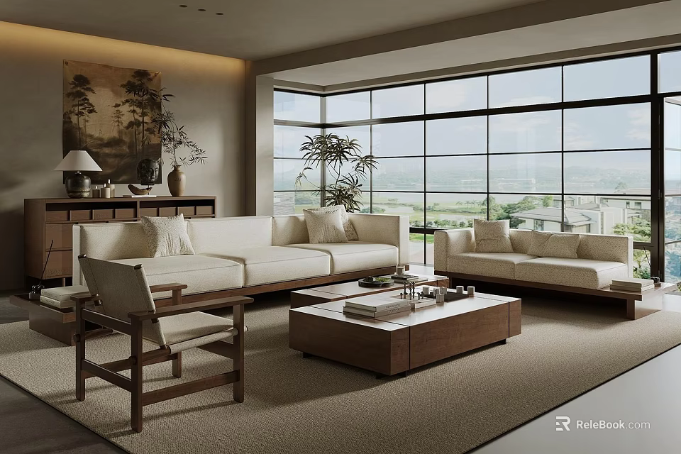 Modern Living Room Interior With Beige Sofas Wooden Coffee Table Large Windows And Scenic View 3d model 