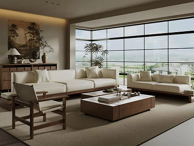 Modern Living Room Interior With Beige Sofas Wooden Coffee Table Large Windows And Scenic View 3d model