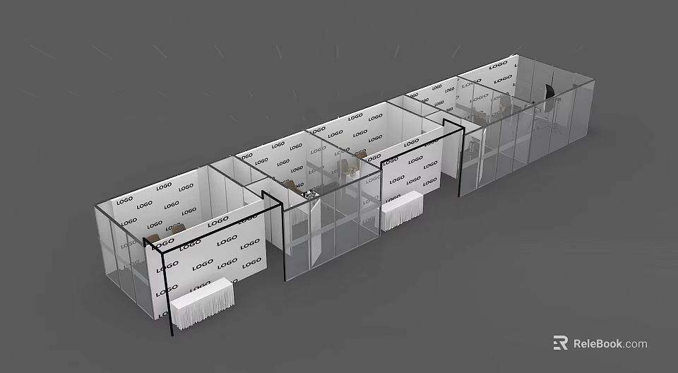 Public Office Space With Multiple Glass Partitioned Cubicles And Office Desks Chairs 3d model 