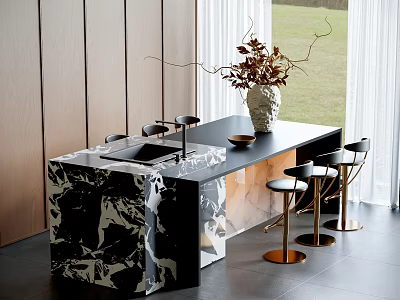 Modern Dining Table Set With Marble Top Metal Bar Stools And Dried Flower Vase 3d model
