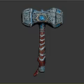 Ornate Fantasy Hammer With Blue Head Red And White Striped Handle And Intricate Patterns