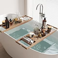 Luxurious White Bathtub in Bright Bathroom With Wooden Tray Scented Bottles Candles and Glassware