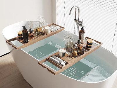 Luxurious White Bathtub in Bright Bathroom With Wooden Tray Scented Bottles Candles and Glassware 3d model