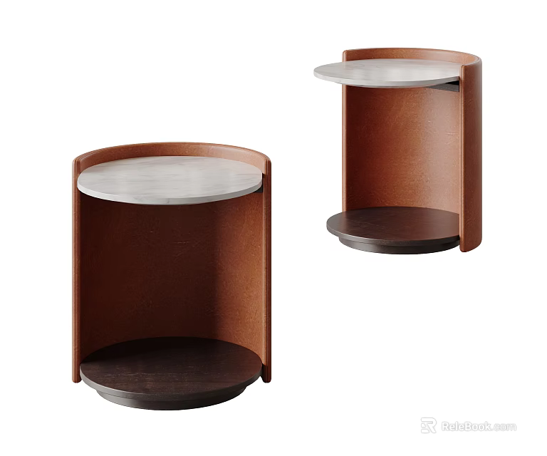 Modern Round Bedside Tables With Wooden Frame And Marble Top Design 3d model 