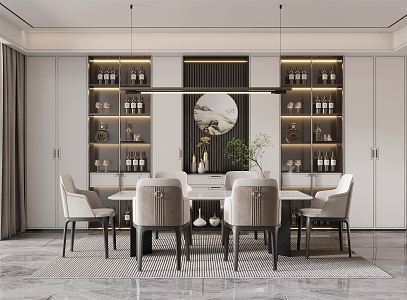 New Chinese Restaurant Wine Cabinet Dining Table Chandelier 3d model