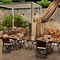 Outdoor Bar Featuring Green Plants Pergola Wooden Deck Tables Chairs And String Lights