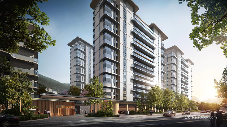 Modern High Rise Residential Building Exterior With Balconies Surrounding Trees And Entrance Design 3d model 