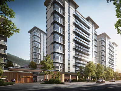 Modern High Rise Residential Building Exterior With Balconies Surrounding Trees And Entrance Design 3d model