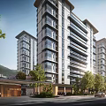 Modern High Rise Residential Building Exterior With Balconies Surrounding Trees And Entrance Design