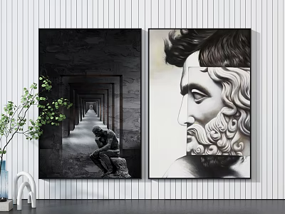 Two Portrait Paintings Displaying Black and White Tunnel Scene and Classical Curly Bearded Figure 3d model