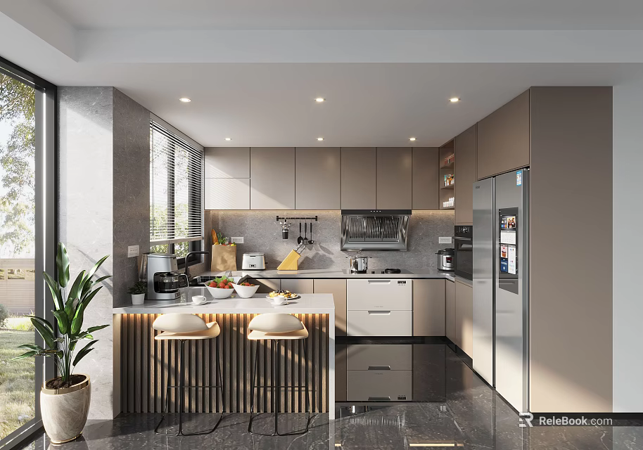 Modern Kitchen Interior With Island Counter Bar Stools Cabinets And Appliances 3d model 