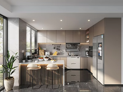 Modern Kitchen Interior With Island Counter Bar Stools Cabinets And Appliances 3d model
