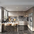 Modern Kitchen Interior With Island Counter Bar Stools Cabinets And Appliances