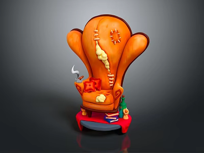 Orange Armchair With Stitched Patches Red Cushions And Red Base 3d model
