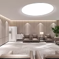 Modern Lounge Area Interior With Circular Ceiling Light Wooden Walls Sofas And Green Plants