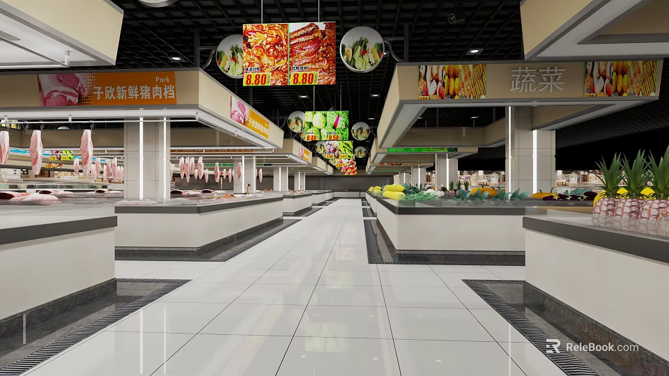 Spacious Supermarket Interior Featuring Organized Shelves Vegetable Meat And Dried Goods Sales Areas 3d model 