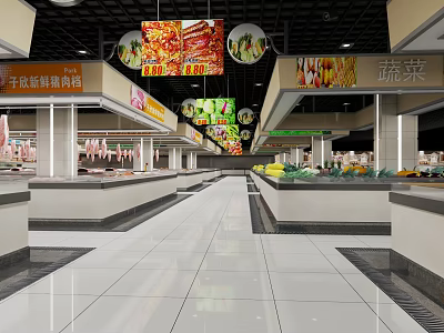 Spacious Supermarket Interior Featuring Organized Shelves Vegetable Meat And Dried Goods Sales Areas 3d model