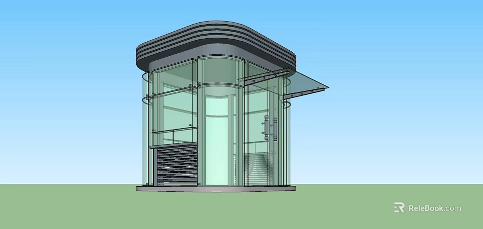 Modern Security Booth With Glass Curtain Walls Curved Metal Roof And Contemporary Design 3d model 