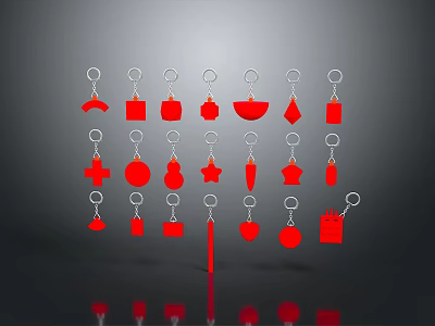 Red Jewelry Pendants With Various Shapes And Silver Hooks Neatly Displayed 3d model