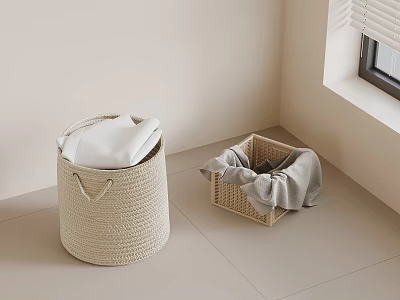 Woven Storage Baskets for Organizing in Corner of Room with White and Gray Fabrics 3d model