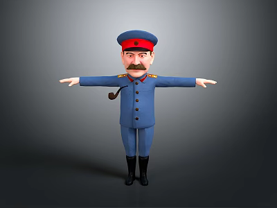 Cartoon Military Character With Mustache In Blue Uniform Red Hat And Outstretched Arms 3d model
