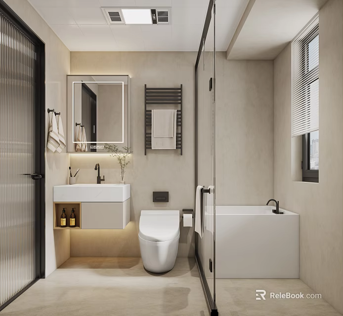 Modern Bathroom Interior With Sink Vanity Mirror Toilet Bathtub Towel Rack And Window 3d model 
