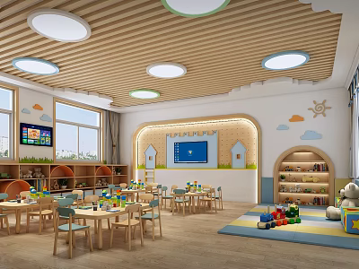Modern Kindergarten Classroom With Wooden Ceiling Round Lights Tables Chairs Bookshelves And Toys 3d model