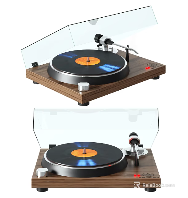 Modern Entertainment Electronics Turntable with Wooden Base Transparent Cover Black Record and Orange Center 3d model 