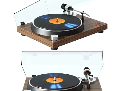 Modern Entertainment Electronics Turntable with Wooden Base Transparent Cover Black Record and Orange Center 3d model