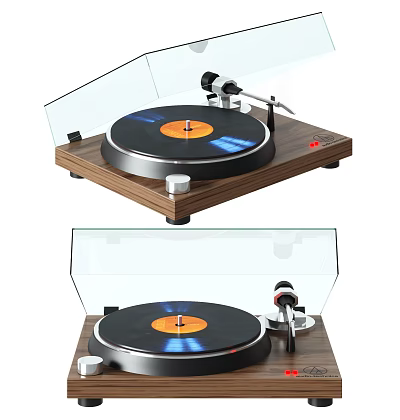 Modern Entertainment Electronics Turntable with Wooden Base Transparent Cover Black Record and Orange Center 3d model