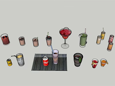 Assorted Colorful Beverages In Different Glasses Including Cocktails And Cold Drinks 3d model