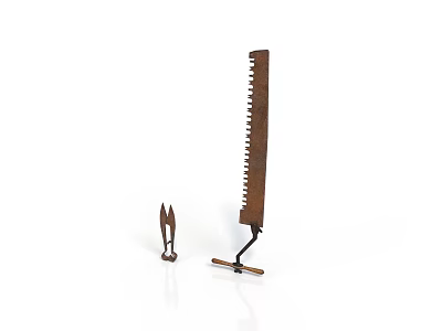 Rustic Hand Saw With Metal Stand And Small Tongs On White Background 3d model