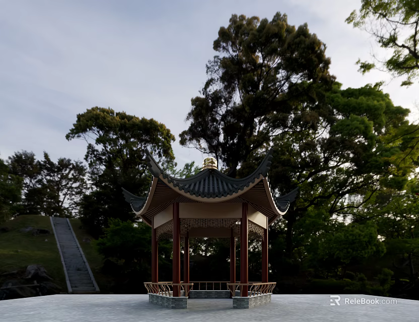 Traditional Chinese Pavilion In Garden With Green Trees And Wooden Roof 3d model 