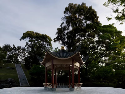 Traditional Chinese Pavilion In Garden With Green Trees And Wooden Roof 3d model