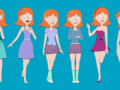 Multiple Red Haired Female Cartoon Characters With Different Colored Outfits Various Poses And Blue Background 3d model