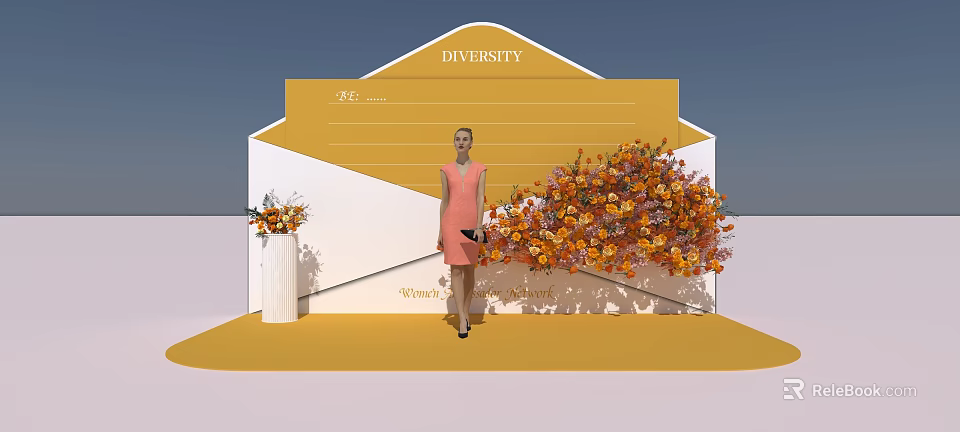 Diversity Themed Photo Spot With Orange Yellow Floral Arrangements And Awards Backdrop 3d model 