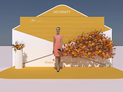 Diversity Themed Photo Spot With Orange Yellow Floral Arrangements And Awards Backdrop 3d model